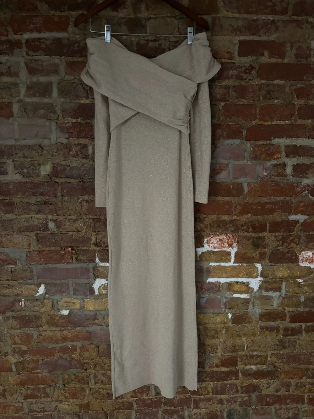 Off-Shoulder Long Sleeve Maxi Dress in Taupe Gold